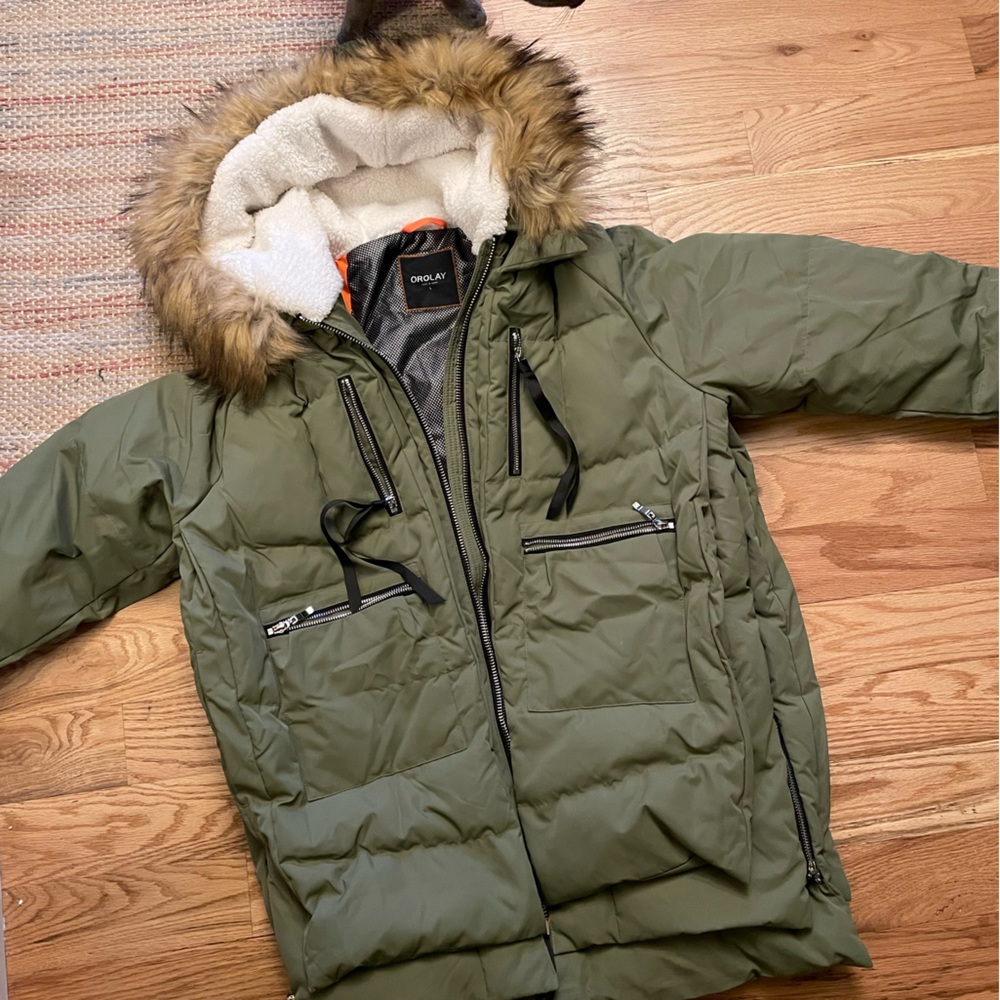 Orolay Women's Thickened Down Jacket in Green + Fur Trim Hood size Large